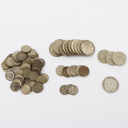 Cirkulationsmynt 1 st 1 krona, 1st 25 öre 80% silver + 11st 1 kronor,  3st 50 öre , 6st 25 öre , 84st 10 öre 40% silver Vikt: 230 g