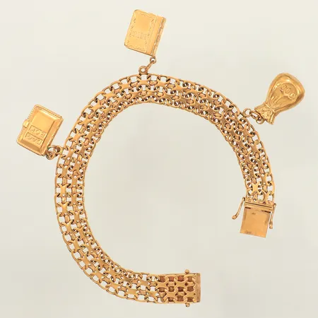 Armband X-länk, tre berlocker, längd 19cm, bredd 9,6mm, Nordiska Guldvaru-Aktiebolaget, Boliden, år 1961, 18K  Vikt: 20 g