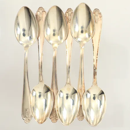 Sex kaffeskedar, längd 12cm, gravyr, modell Vasa, gravyr, 830/1000 silver Vikt: 78,7 g