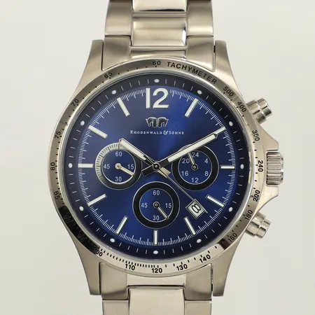 Armbandsur Rhodenwald & Söhne, 42mm, kronograf, datum, stål, quartz, serienr 10010064, stållänk, innermått inklusive ur ca 19cm, kronograf återställer ej korrekt, bruksslitage, inga tillbehör. Vikt: 0 g