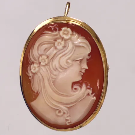 Brosch/hänge med camé, längd 32mm, 18K. Bruttovikt 4,6g Vikt: 4,6 g