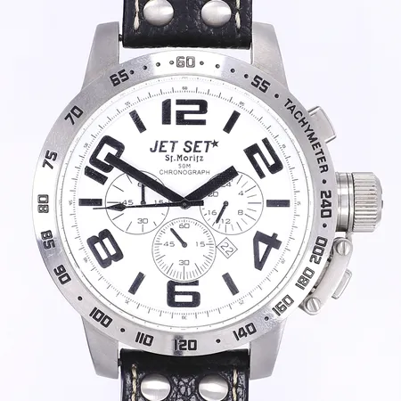 Herrur Jet Set St. Moritz, Ø55mm, quartz, kronograf, datum, stål, J57501, läderband, inga tillbehör, går ej troligen batteribyte Vikt: 0 g