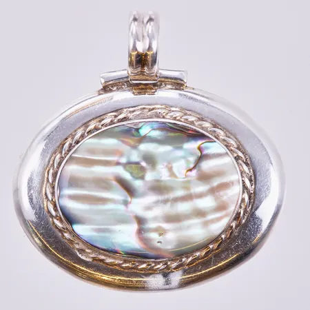 Hänge med pärlemofärgad sten, längd: ca 3,8cm, bredd: ca 37mm, 950/1000 silver  Vikt: 12,1 g