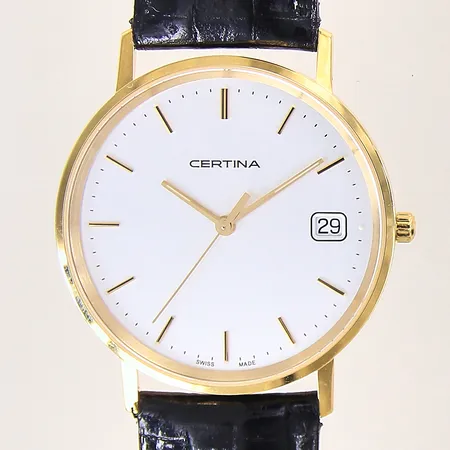 Herrur Certina, 18K, quartz, Ø33mm, boett-nr: 158.928968, läderband, manual, garnatikort, box, ytterkartong, går ej, box med slitage, gravyr, 18K bruttovikt: 29,7g.