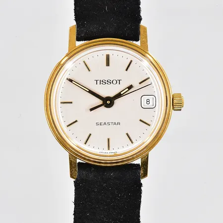 Damur Tissot 18K, 22mm, quartz, datum, graverad, batteribyte krävs, original mockaband, box