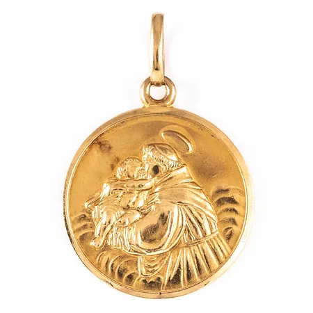 Berlock "Saint Anthony" i 18K guld. Den är Ø 24,2 mm och väger 7,0g. Italiensk tillverkarstämpel & 750.