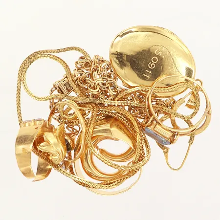 Diverse guldsmycken, defekt, gravyrer, stenar, 18K  Vikt: 35,8 g