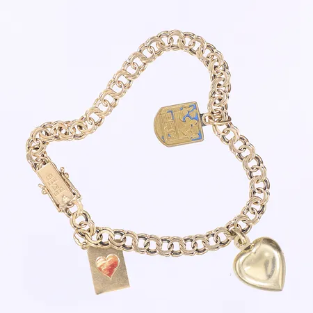 Armband Bismarck med berlocker 19cm, bredd 5mm, en barlock 14K, en berlock ej guld, mycket slitet, 18K Bruttovikt: 15g Vikt: 15 g