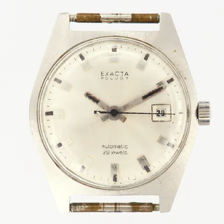 Herrur Exacta Poljot 29 Jewels, stål, automatisk, Ø34mm, datum, repigt glas, repig boett, saknar länk/band, inga tillbehör