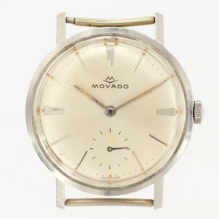 Herrur Movado Sub Sea, stål, manuell, boett-nr: 18223-499, kaliber 125, Ø34mm, urverk med slitage, skeva bandstift, saknar band/länk, repigt glas, repig boett, inga tillbehör