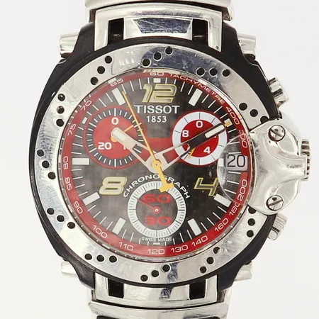 Herrur Tissot T-Race MotoGP, Ø43mm, stål, quartz, kronograf, mineralglas, datum, gummiarmband med slitage, viklås, kronograf nollställer ej korrekt, inga övriga tillbehör