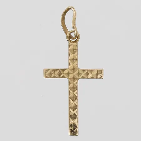 Hänge kors med mönsterdekor, höjd 20mm, bredd 10mm, bucklig ögla, 18K guld Vikt: 0,4 g