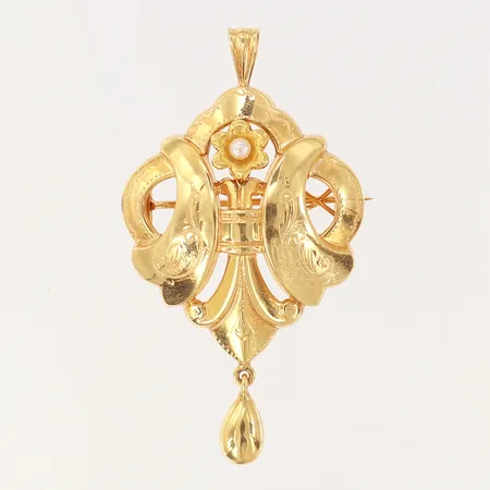 Hänge/Brosch med en odlad pärla, längd: 45mm, bredd: 2,5-26mm, 18K  Vikt: 3,5 g