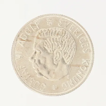 Mynt, Gustaf VI Adolf Sveriges Konung, 2 kr, Ø 31mm, Plikten framför allt, 1966, silver 400/1000 Vikt: 14 g