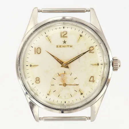 Herrur Zenith, stål, manuell, boett-nr: 9144080, liten sekundvisare, Ø36mm, repigt plexiglas, skadad urtavla, saknar länk/band, repig boett, inga tillbehör