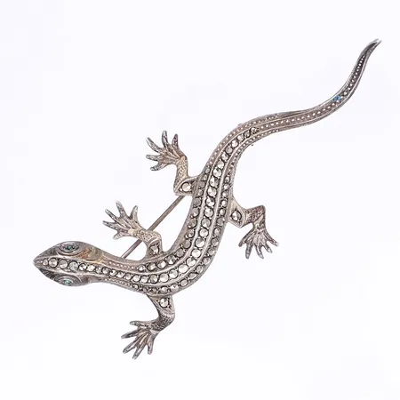 Brosch ödla med gröna stenar och markasiter, längd 80mm, silver 830/1000 Vikt: 11,9 g