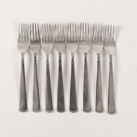 Åtta förrättsgafflar, Rosenholm, GAB, längd ca 14cm, slitage, 830/1000 silver. Vikt: 157,6 g