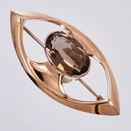 Brosch med rökkvarts, längd: ca 4,5cm, bredd: ca 21mm, finska stämplar, år 1961, 14K  Vikt: 4,7 g