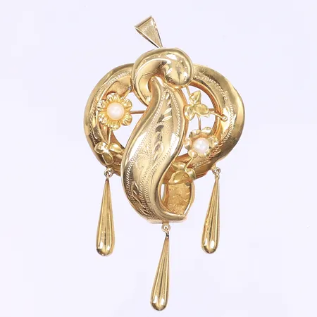 Hänge/brosch med imitationspärlor, 72x38mm inkl. ögla, oidentifierad smed stämplad "BJ Stockholm X8" 1948, tillverkarstämpeln "BJ" ej registrerad 1948, tennlödningar, 18K Bruttovikt: 8g