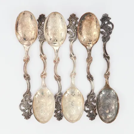 Kaffeskedar med dekor, sex stycken, längd: 10cm, silver 830/1000 Vikt: 47,6 g