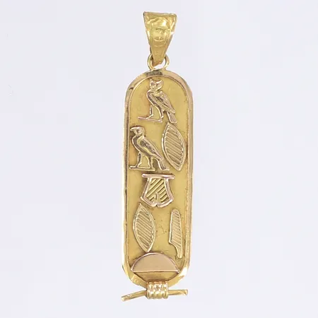 Hänge med hieroglyfer, längd inkl ögla 40mm, bredd 10mm, 18K Vikt: 1,9 g