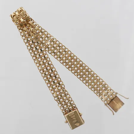 Armband X-länk, 19,5cm, bredd 11mm, tillverkad av Fors Haldor Vidar år 1963, 1 länkbit nedtryckt/defekt, 18K   Vikt: 19,1 g