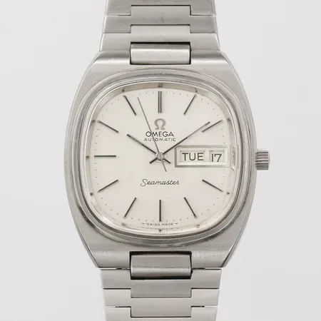 Armbandsur Omega Seamaster, ca 1970-tal, Ø 35mm, automatisk, går ej/servicebehov, dag (engelska), datum, stål, plexiglas, inga tillbehör,