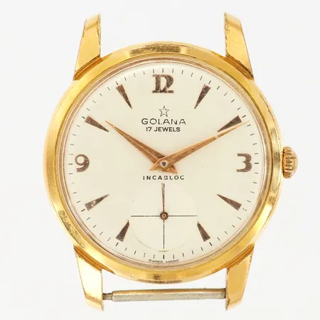 Herrur Golana 17 Jewels Incabloc, doublé, manuell, boett-nr: 13444, Ø35mm, liten sekundvisare, repigt glas, saknar band/länk, ena stiftet saknas, repig boett, inga tillbehör