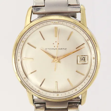 Herrur Eterna-Matic, Ø34mm, mekanisk, boett-nr: 4687664, datum, längd: 18cm stål, stållänk, viklås, bruksslitage, repig