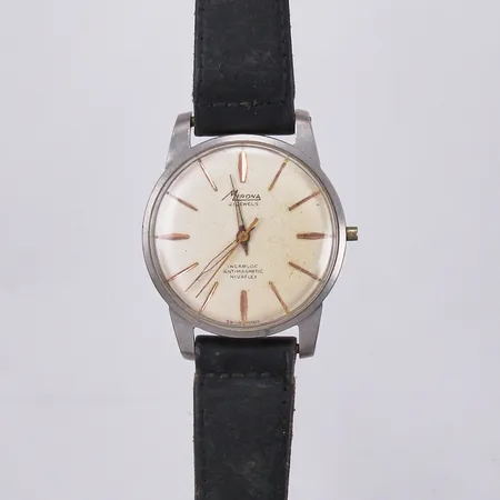 Herrur, Mirona, waterproof incablock, antimagnetic, nr 99111, stål, Ø ca 35mm, saknar krona, fungerar ej, med läderband slitet, inga tillbehör 