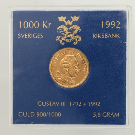 Mynt, Gustav III 1792 - 1992, Sveriges Riksbank 1992, 1000kr, Ø21mm, plastetui, 21,6K Vikt: 5,8 g