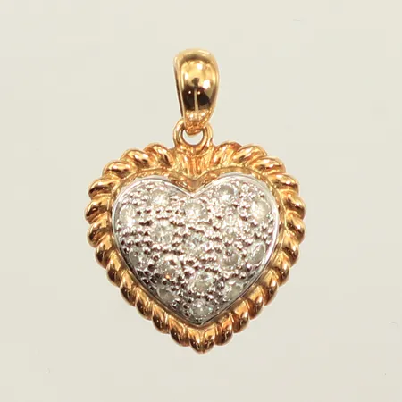 Hänge hjärta med diamanter 16x ca 0,02ct, längd 22,7mm inklusive ögla, bredd 16mm, tvåfärgat, 18K  Vikt: 4,6 g