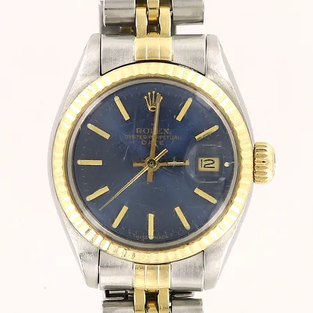 Damur, Rolex, Date, guld/stål, ref: 6917, snr: 8099904, boettnr: 6900, cal: 2030, verknr: 214857, Ø 26mm, längd ca 17½ cm, länk med kraftigt slitage, viklås, plexiglas, repigt glas, servicebehov, inga tillbehör