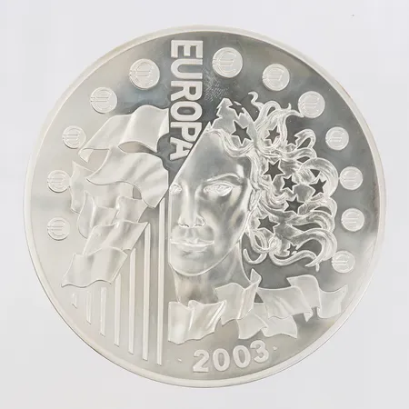 Jubileumsmynt, 50 Euro, 2003, Ø100mm, garantikort Monnaie de Paris, etui, 925/1000. Vikt: 1000 g