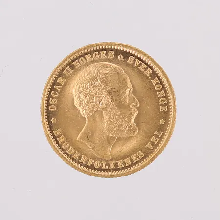 Guldmynt, 20 Kroner - Oscar II Norges o. Sver. Konge - Broderfolkenes Vel, Ø23mm, Norge år 1875, räfflad kant, plastkapsel samt etui, 21,6K guld. Vikt: 9 g