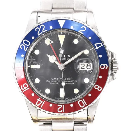 Herrur Rolex Oyster Perpetual GMT-Master, stål, automatisk, ref-nr:16750, serie-nr:6250655, kaliber:3075, verk-nr:0449943, länk-ref:78360-T12/558B årtal 1995, Ø40mm, årtal 1979, genomgående service utförd 2020, slitna visare, repigt glas, extra vridring, åldersrelaterad slitage, inga andra tillbehör.