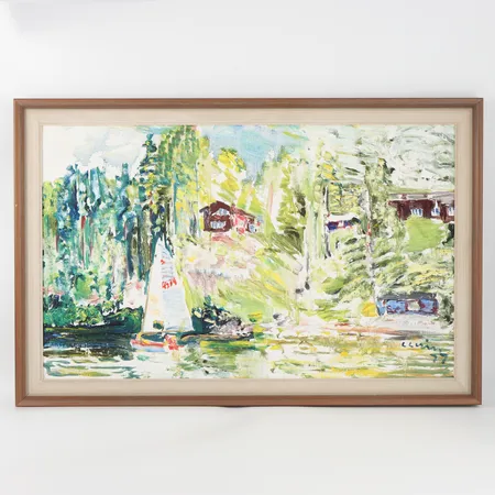 Lars Lerin, Sommar, Hölfall, olja på duk, signerad och daterad 1977, bildmått 38x61 cm, rammått 44x67 cm. Skickas med postpaket.