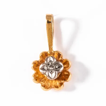 Hänge i 18K guld med en åttkantsslipad diamant c:a 0,005ct infattad i vitguld. Den är 6,3 mm bred, 12,3 mm lång och väger 0,5g. Finska kontrollstämplar, BCK & 750.