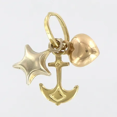 Hänge med tre berlocker, längd ca 16mm, röd/gul/vitguld, 18K Vikt: 1 g