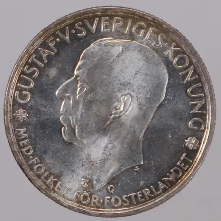 Mynt, Gustaf V, fem kronor, Ø36mm, 900/1000 silver  Vikt: 25 g