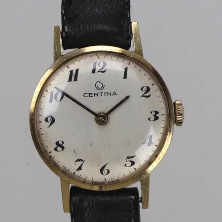 Damur Certina 14K, 22mm, manuell, cal 13-22, boettnr: 800 3283 65, plexiglas med liten repa, läderband, inga tillbehör, bruttovikt: 14,2g.