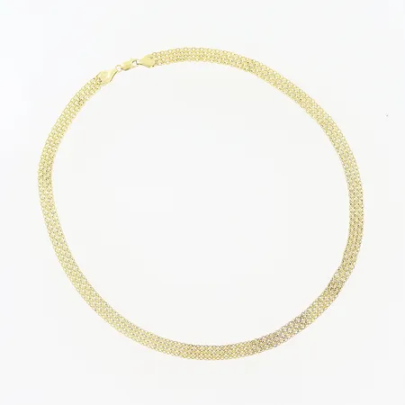 Collier, X-länk, 45,5cm, bredd 6mm, smärre skevheter, 14K.  Vikt: 7,2 g