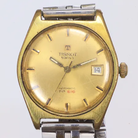 Herrur Tissot PR 516 Ø34mm, automat, datum, guld på stål (slitage), gravyr, ca år 1973, med stållänk (sliten) 