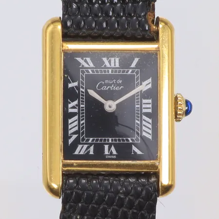 Damur Must de Cartier Tank Argent, 20x27mm,  manuell uppdragning, boett nr 3.195331, Plaque Or (guldförgyllning) på silver 925/1000, defekt läderband, med box, ca 1980-tal