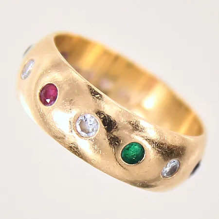 Ring med färgstenar samt diamanter 4 x ca 0,04ct, stl 18, bredd 7mm, färgstenar med slitage, 18K  Vikt: 7,6 g