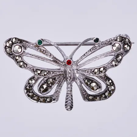 Brosch fjäril med färgade stenar och markasiter, längd: ca 3cm, bredd: ca 17mm, 835/1000, silver Vikt: 3,4 g