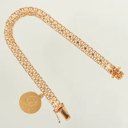 Armband X-länk med stav, längd 17,5mm, bredd 6,2mm, en berlock, graverad, 18K  Vikt: 10,4 g