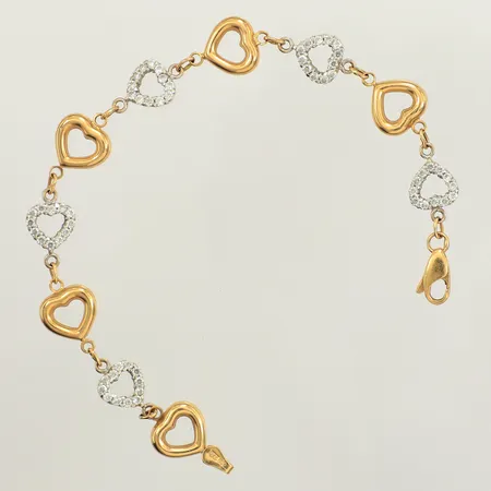 Armband, hjärtan, vita stenar, längd 18cm, bredd10,8mm, tvåfärgat, 18K  Vikt: 8,9 g