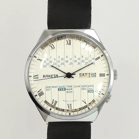 Armbandsur Raketa Perpetual Calender, stål, Ø40mm, manuell, dag/datum, plexiglas, läderarmband, inga övriga tillbehör 