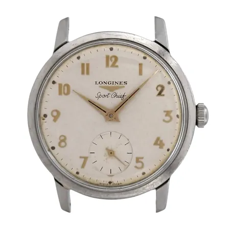 Herrur Longines Sport Chief, stål, Ø35 mm, manuell, kaliber 30L, referensnummer 7402, boettnummer 7402 2, serienummer 12748204, defekt - går ej att dra upp, liten sekundvisare, plexi, bruksmärken 